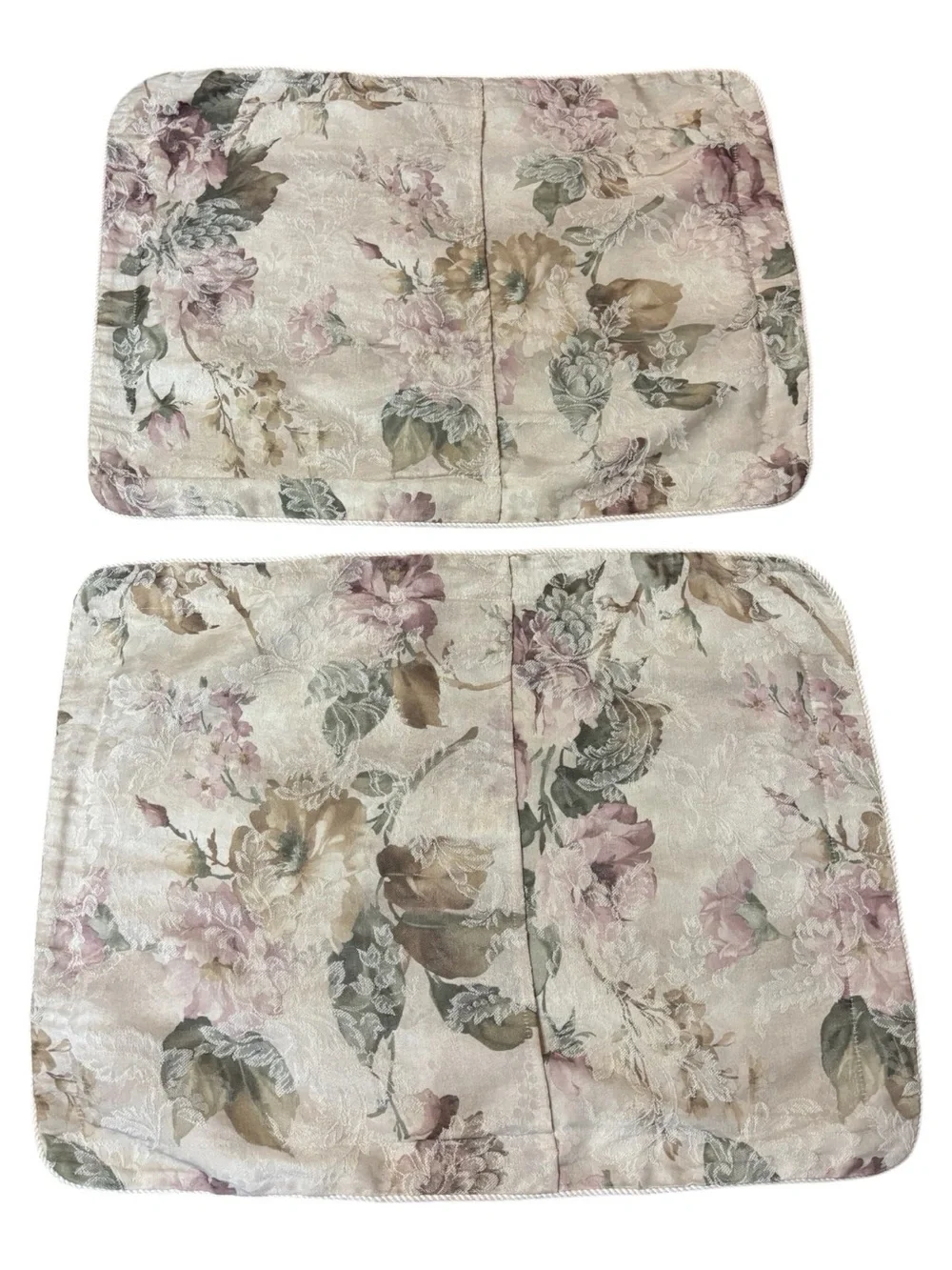 2 Burlington Home Floral Damask Standard Pillow Shams Beige Mauve Rose Rope Edge